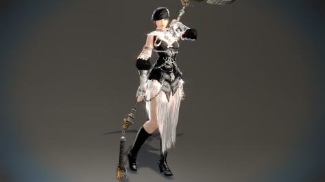 Evie, wearing high-level armor. Still shows off her body, but not nearly as much.